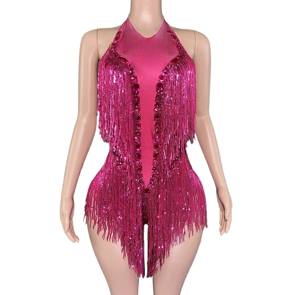 Sparkly Hot Pink Crystals Sequins Fringes Bodysuit for Women Sexy Backless Dance Costume Dancer Performance Show Stage Wear